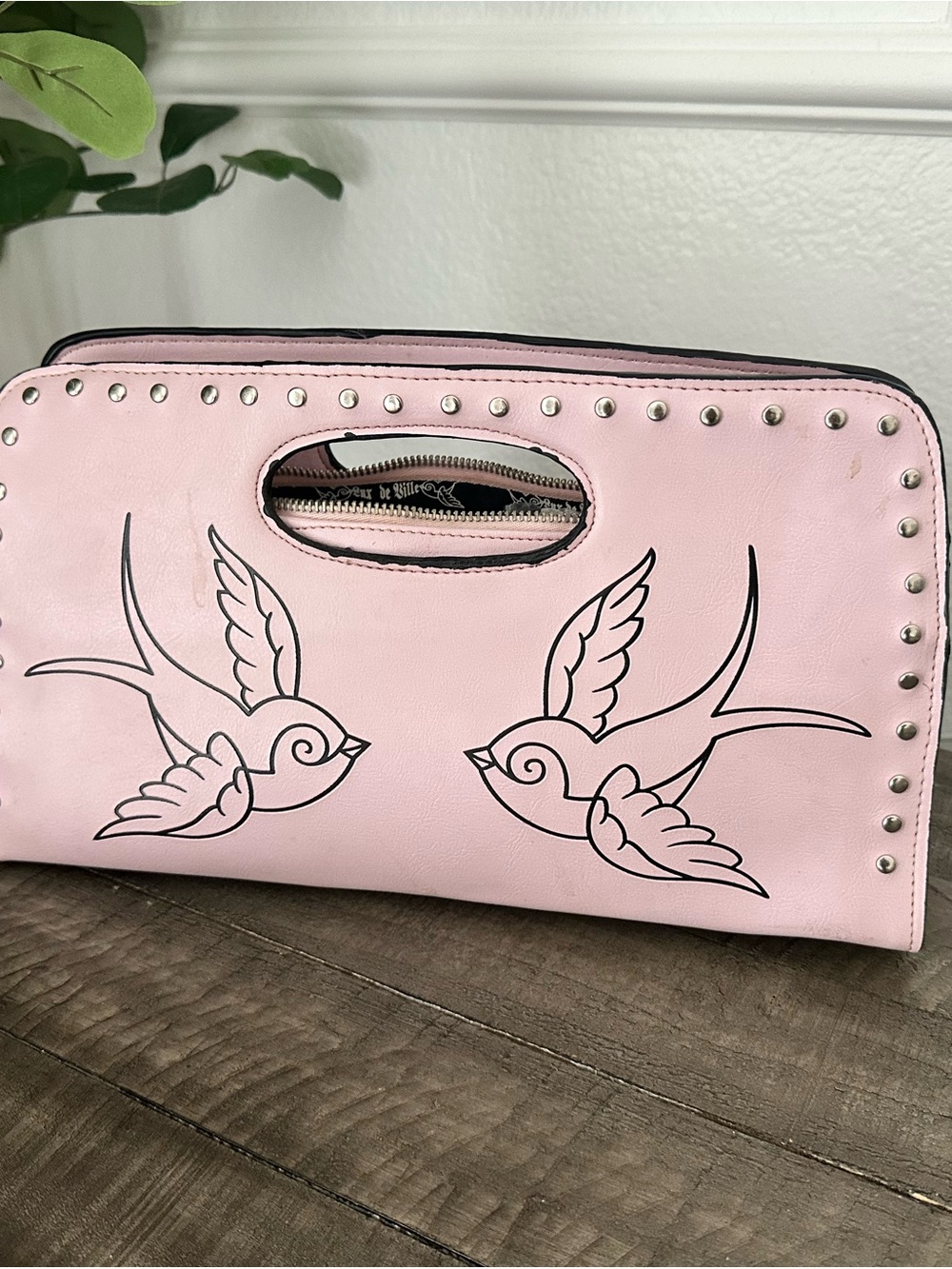Pink Studded Bird Print Handbag